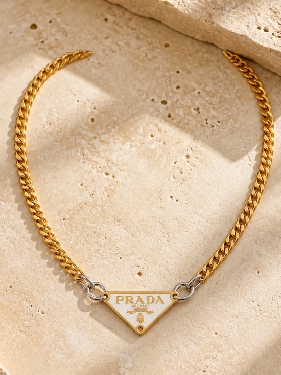 Prada Jewelry - Prada Two-Tone Gold Chain Necklace with White Triangle Logo